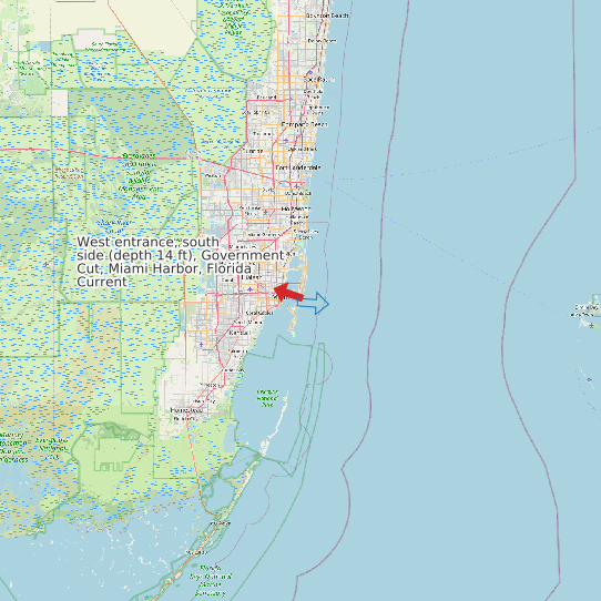Map of West entrance, south side (depth 14 ft), Government Cut, Miami Harbor, Florida Current Prediction Station