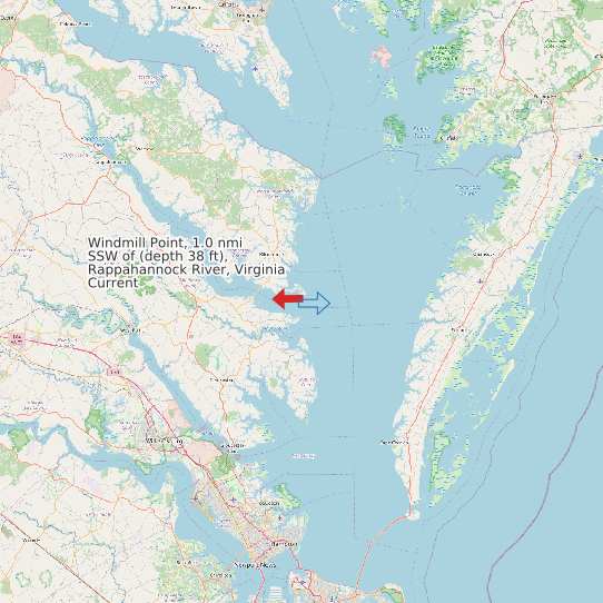 Map of Windmill Point, 1.0 nmi SSW of (depth 38 ft), Rappahannock River, Virginia Current Prediction Station