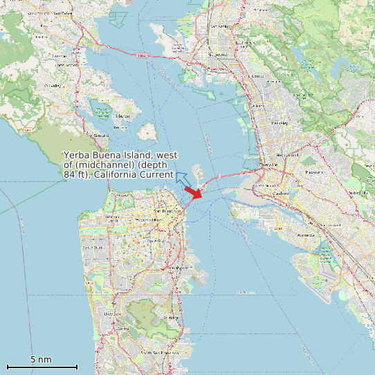 Map of Yerba Buena Island, west of (midchannel) (depth 84 ft), California Current Prediction Station