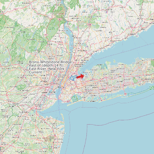 Map of Bronx-Whitestone Bridge, east of (depth 14 ft), East River, New York Current Prediction Station