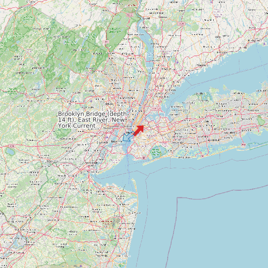 Map of Brooklyn Bridge (depth 14 ft), East River, New York Current Prediction Station