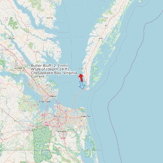 Map of Butler Bluff, 2.1 nmi WSW of (depth 14 ft), Chesapeake Bay, Virginia Current Prediction Station