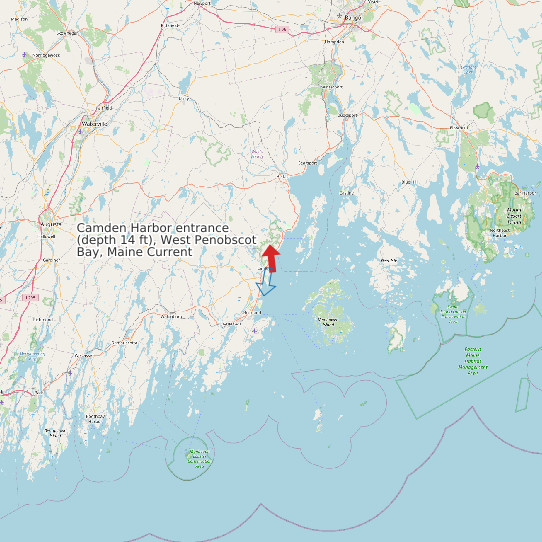 Map of Camden Harbor entrance (depth 14 ft), West Penobscot Bay, Maine Current Prediction Station