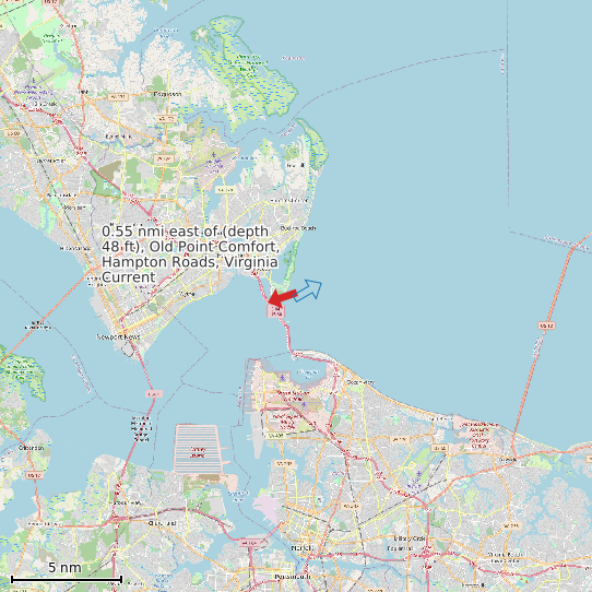 Map of 0.55 nmi east of (depth 48 ft), Old Point Comfort, Hampton Roads, Virginia Current Prediction Station