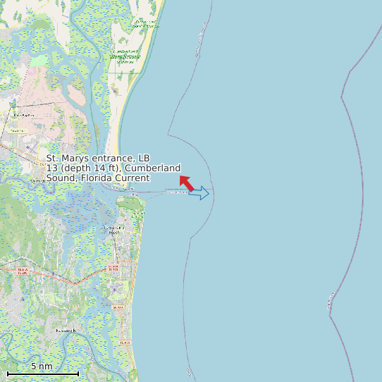 Map of St. Marys entrance, LB 13 (depth 14 ft), Cumberland Sound, Florida Current Prediction Station