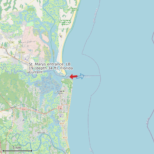 Map of St. Marys entrance, LB 19 (depth 34 ft), Florida Current Prediction Station