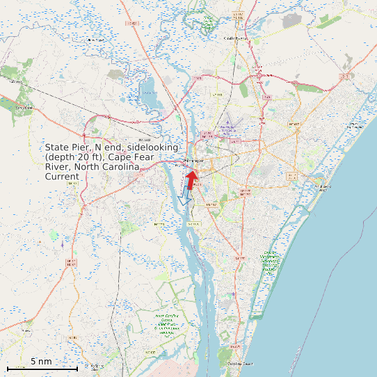 Map of State Pier, N end, sidelooking (depth 20 ft), Cape Fear River, North Carolina Current Prediction Station