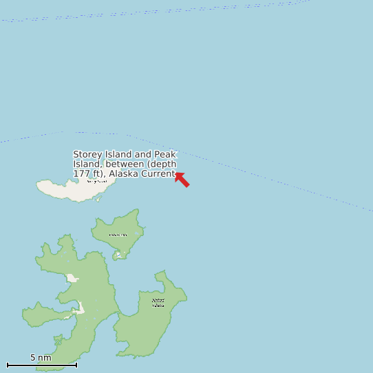Map of Storey Island and Peak Island, between (depth 177 ft), Alaska Current Prediction Station