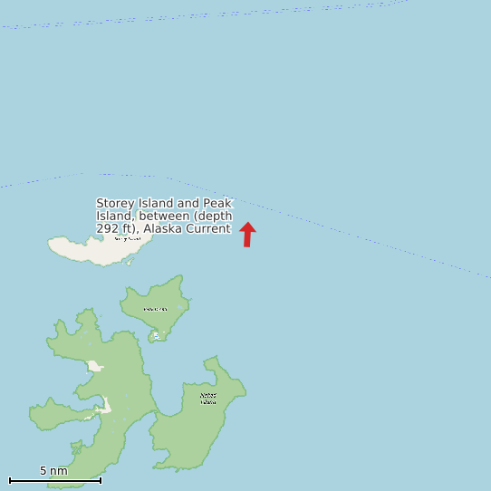 Map of Storey Island and Peak Island, between (depth 292 ft), Alaska Current Prediction Station