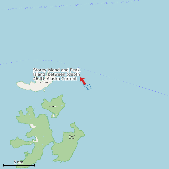 Map of Storey Island and Peak Island, between (depth 46 ft), Alaska Current Prediction Station