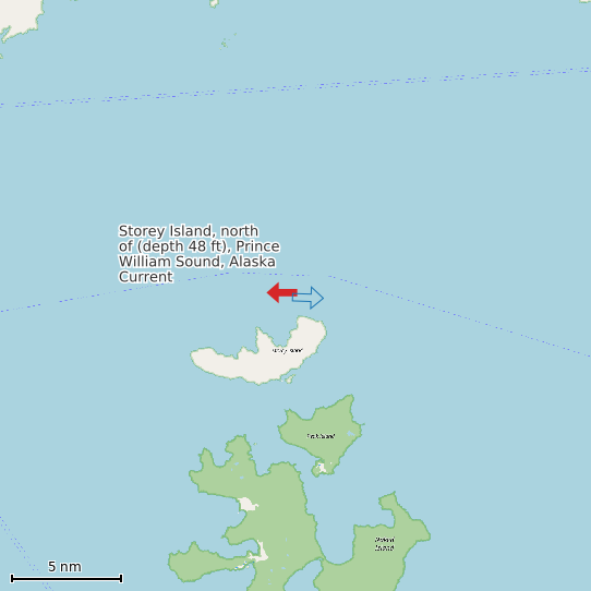Map of Storey Island, north of (depth 48 ft), Prince William Sound, Alaska Current Prediction Station
