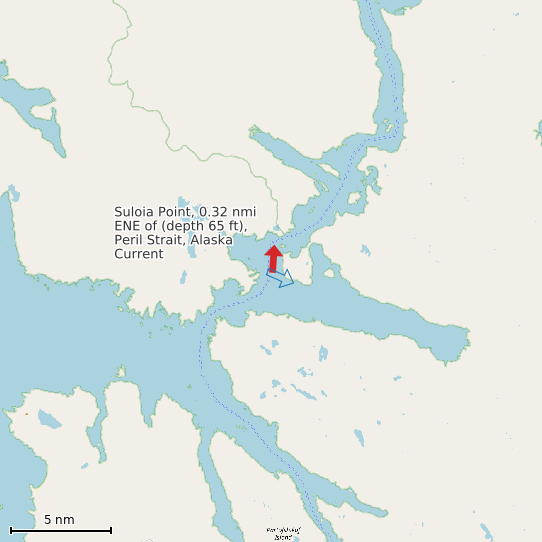 Map of Suloia Point, 0.32 nmi ENE of (depth 65 ft), Peril Strait, Alaska Current Prediction Station