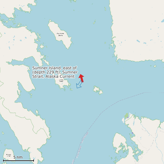 Map of Sumner Island, east of (depth 229 ft), Sumner Strait, Alaska Current Prediction Station