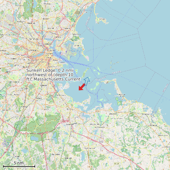 Map of Sunken Ledge, 0.2 nmi northwest of (depth 10 ft), Massachusetts Current Prediction Station