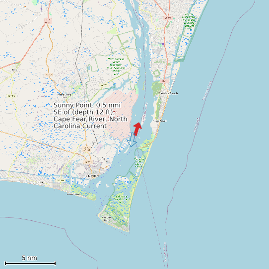 Map of Sunny Point, 0.5 nmi SE of (depth 12 ft), Cape Fear River, North Carolina Current Prediction Station
