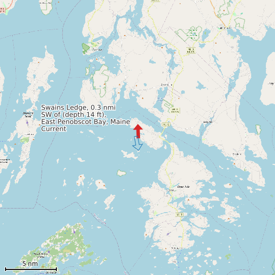 Map of Swains Ledge, 0.3 nmi SW of (depth 14 ft), East Penobscot Bay, Maine Current Prediction Station