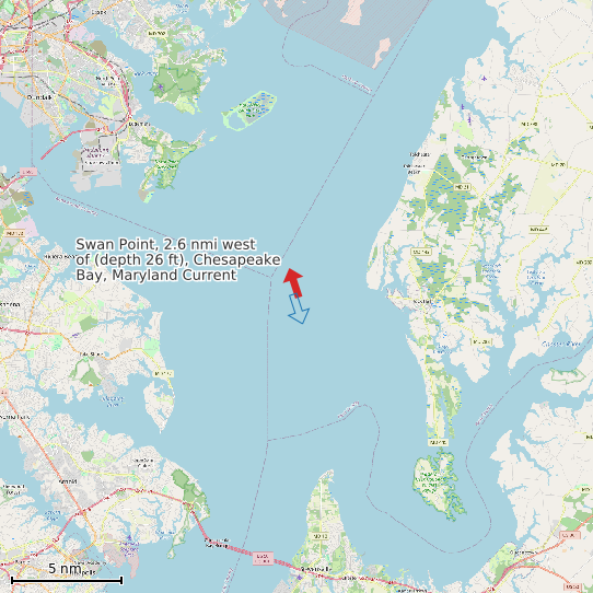 Map of Swan Point, 2.6 nmi west of (depth 26 ft), Chesapeake Bay, Maryland Current Prediction Station