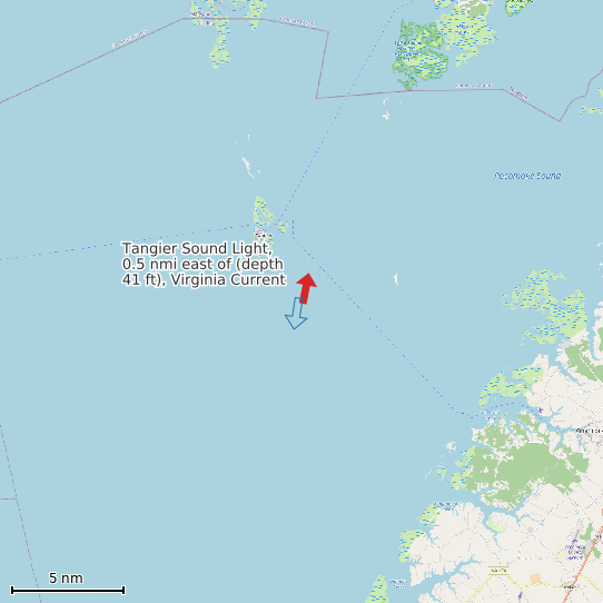 Map of Tangier Sound Light, 0.5 nmi east of (depth 41 ft), Virginia Current Prediction Station
