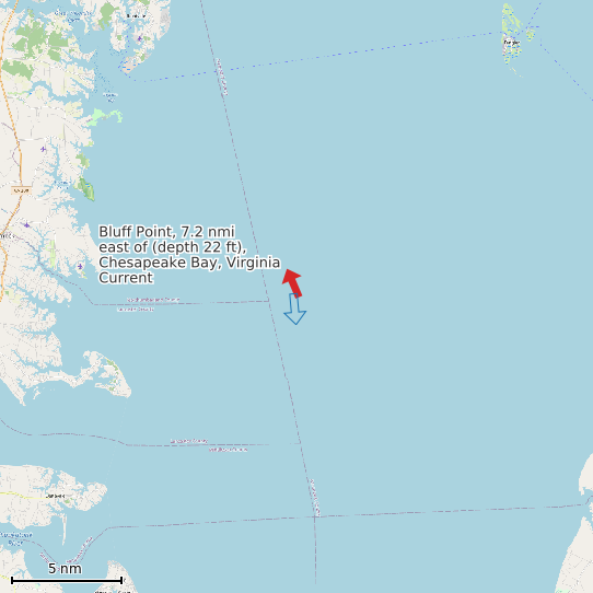 Map of Bluff Point, 7.2 nmi east of (depth 22 ft), Chesapeake Bay, Virginia Current Prediction Station
