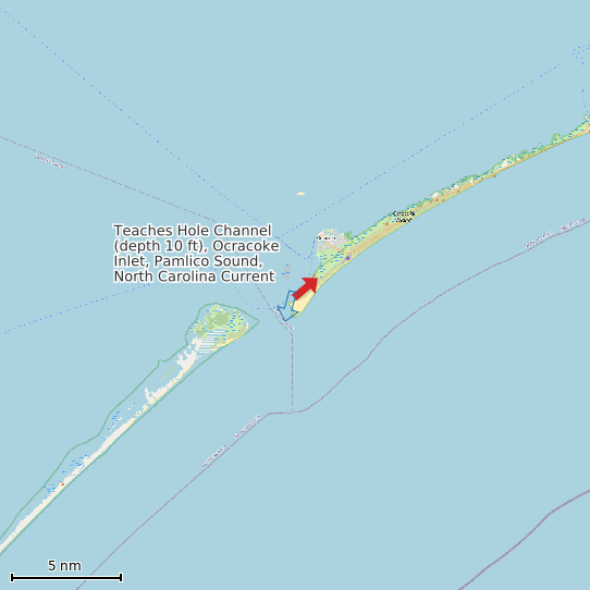Map of Teaches Hole Channel (depth 10 ft), Ocracoke Inlet, Pamlico Sound, North Carolina Current Prediction Station