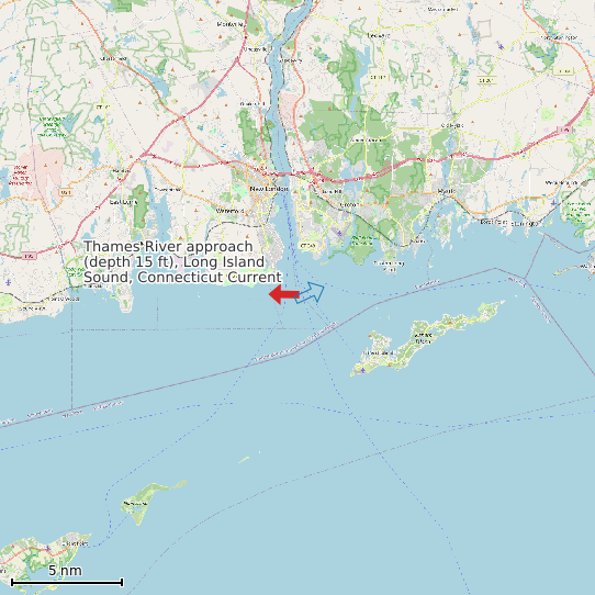 Map of Thames River approach (depth 15 ft), Long Island Sound, Connecticut Current Prediction Station