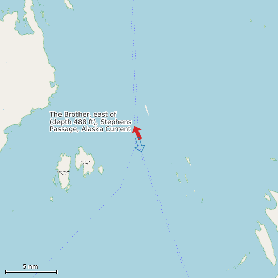 Map of The Brother, east of (depth 488 ft), Stephens Passage, Alaska Current Prediction Station