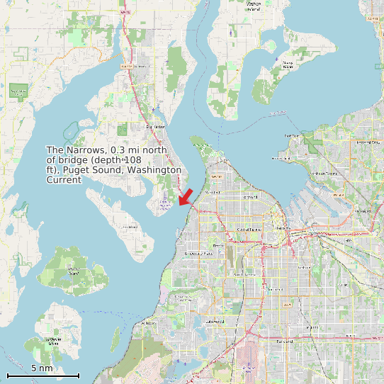 Map of The Narrows, 0.3 mi north of bridge (depth 108 ft), Puget Sound, Washington Current Prediction Station