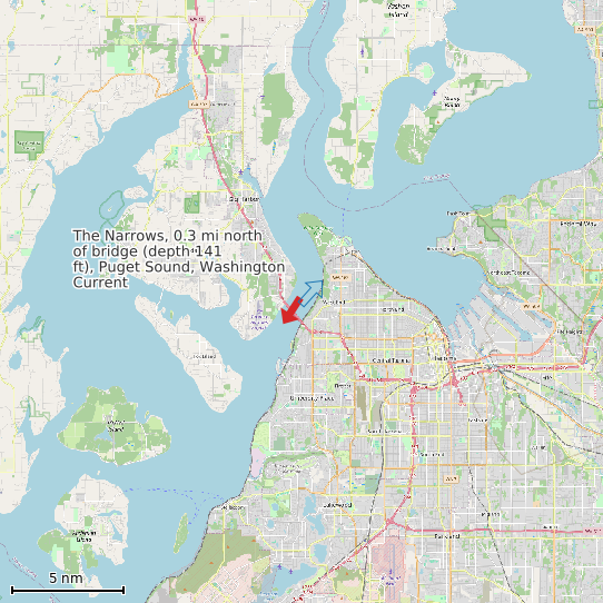 Map of The Narrows, 0.3 mi north of bridge (depth 141 ft), Puget Sound, Washington Current Prediction Station