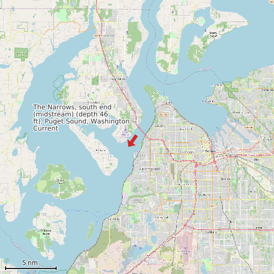 Map of The Narrows, south end (midstream) (depth 46 ft), Puget Sound, Washington Current Prediction Station