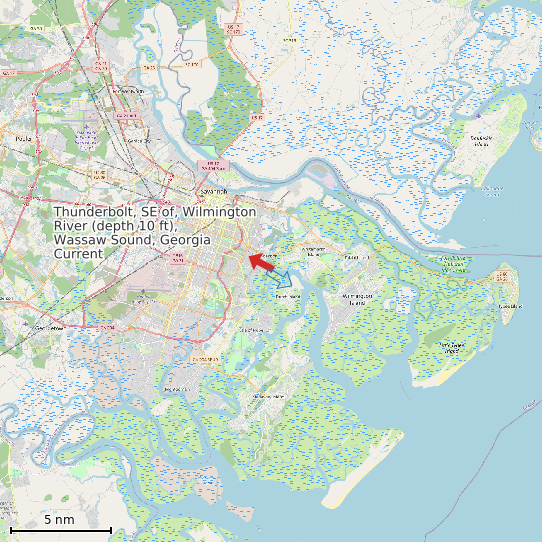 Map of Thunderbolt, SE of, Wilmington River (depth 10 ft), Wassaw Sound, Georgia Current Prediction Station