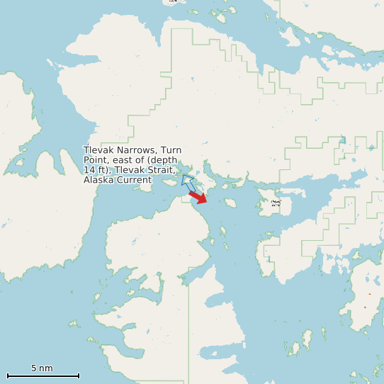 Map of Tlevak Narrows, Turn Point, east of (depth 14 ft), Tlevak Strait, Alaska Current Prediction Station