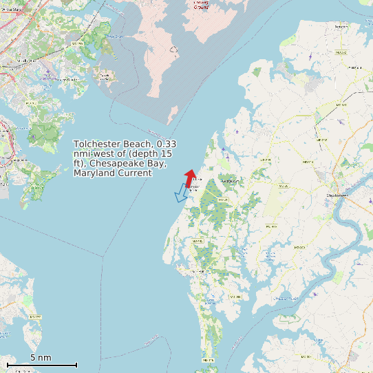 Map of Tolchester Beach, 0.33 nmi west of (depth 15 ft), Chesapeake Bay, Maryland Current Prediction Station