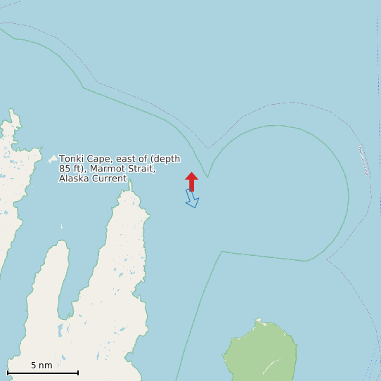 Map of Tonki Cape, east of (depth 85 ft), Marmot Strait, Alaska Current Prediction Station