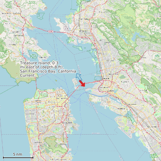 Map of Treasure Island, 0.3 mi east of (depth 8 ft), San Francisco Bay, California Current Prediction Station