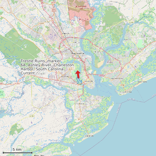 Map of Trestle Ruins, marker 6A, Ashley River, Charleston Harbor, South Carolina Current Prediction Station