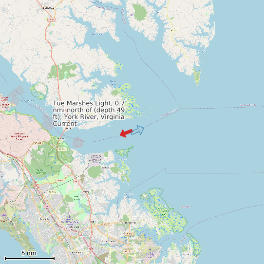 Map of Tue Marshes Light, 0.7 nmi north of (depth 49 ft), York River, Virginia Current Prediction Station