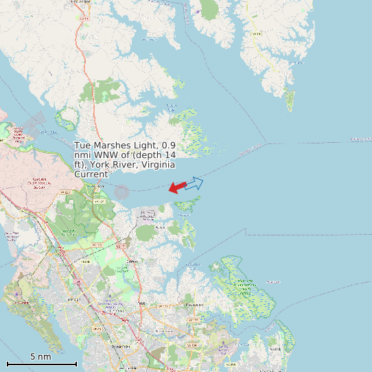 Map of Tue Marshes Light, 0.9 nmi WNW of (depth 14 ft), York River, Virginia Current Prediction Station