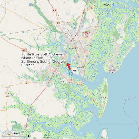 Map of Turtle River, off Andrews Island (depth 20 ft), St. Simons Sound, Georgia Current Prediction Station