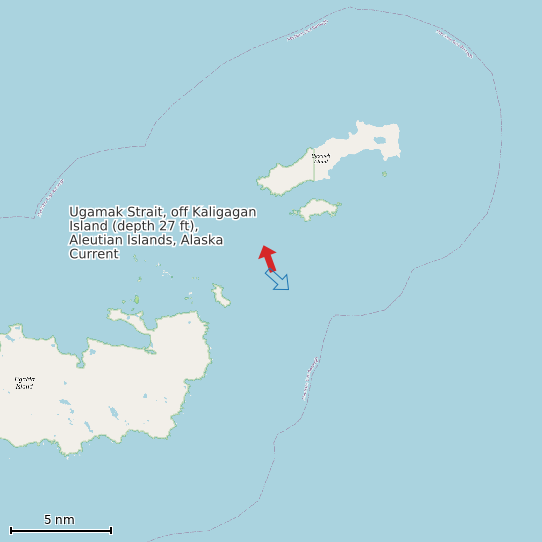 Map of Ugamak Strait, off Kaligagan Island (depth 27 ft), Aleutian Islands, Alaska Current Prediction Station