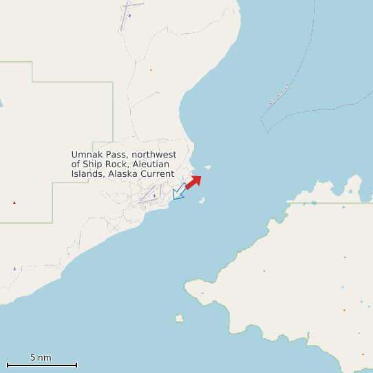 Map of Umnak Pass, northwest of Ship Rock, Aleutian Islands, Alaska Current Prediction Station