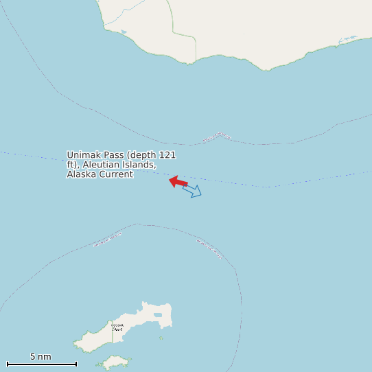 Map of Unimak Pass (depth 121 ft), Aleutian Islands, Alaska Current Prediction Station