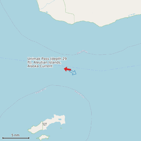 Map of Unimak Pass (depth 29 ft), Aleutian Islands, Alaska Current Prediction Station
