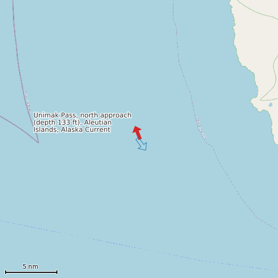 Map of Unimak Pass, north approach (depth 133 ft), Aleutian Islands, Alaska Current Prediction Station