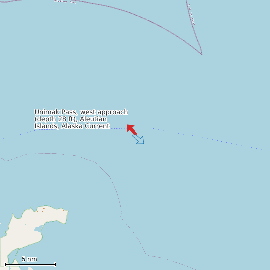 Map of Unimak Pass, west approach (depth 28 ft), Aleutian Islands, Alaska Current Prediction Station