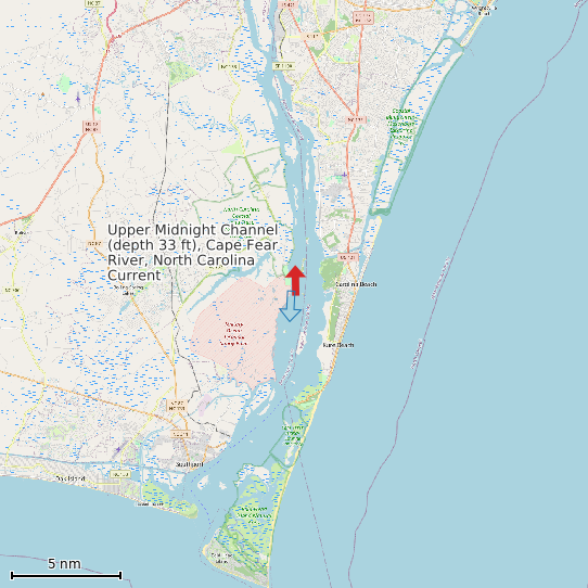 Map of Upper Midnight Channel (depth 33 ft), Cape Fear River, North Carolina Current Prediction Station