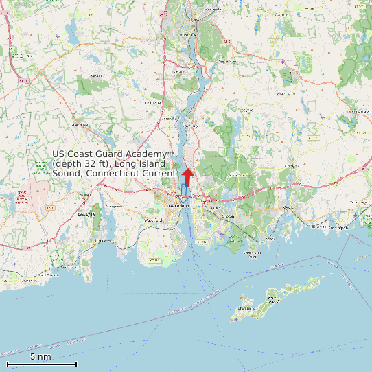 Map of US Coast Guard Academy (depth 32 ft), Long Island Sound, Connecticut Current Prediction Station