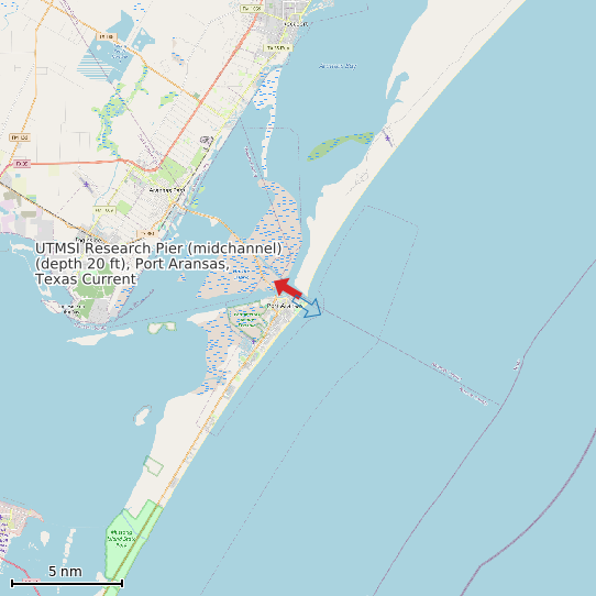 Map of UTMSI Research Pier (midchannel) (depth 20 ft), Port Aransas, Texas Current Prediction Station