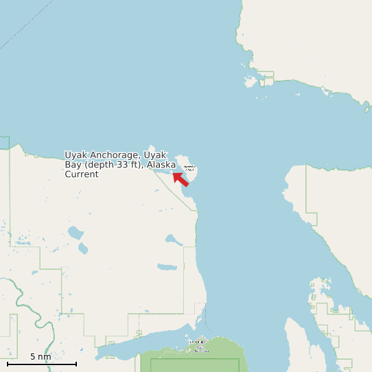 Map of Uyak Anchorage, Uyak Bay (depth 33 ft), Alaska Current Prediction Station