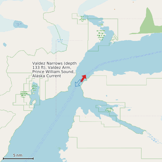 Map of Valdez Narrows (depth 133 ft), Valdez Arm, Prince William Sound, Alaska Current Prediction Station