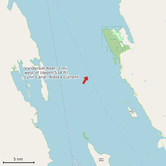 Map of Vanderbilt Reef, 2 mi west of (depth 534 ft), Lynn Canal, Alaska Current Prediction Station